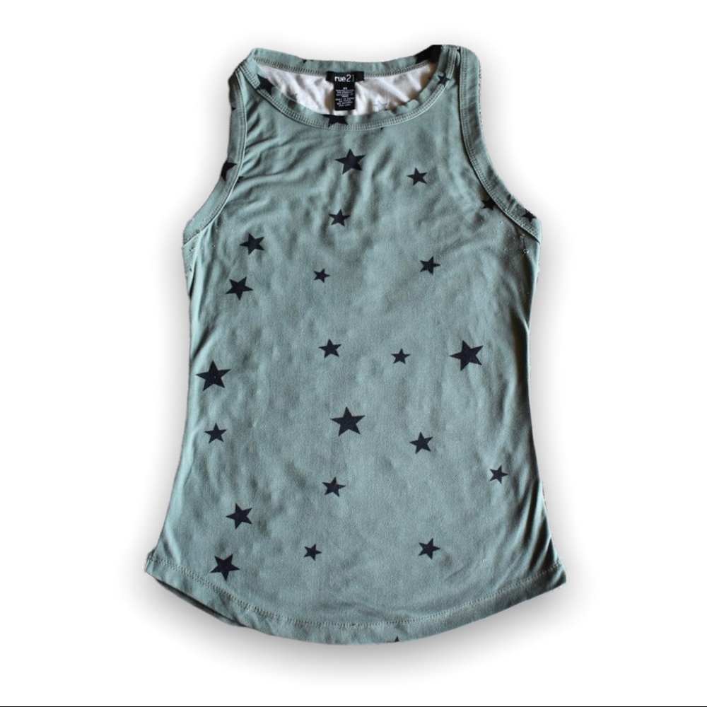 Rue21 Round Neck Tank Top Green w/ Black Stars Size XS